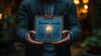 An entrepreneur holding a "Business Growth Plan" report while standing confidently. Bright lighting, contrast