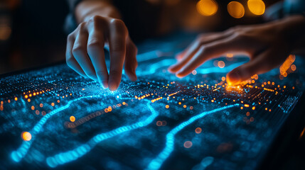 A marketing team using a touchscreen interface to plan an advertising campaign. Bright lighting, contrast