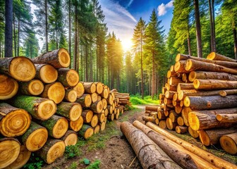 Sustainable Forestry: Wood Logs, Timber Pile for Fuel & Construction
