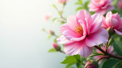 Fototapeta premium Delicate Pink Blossoms in Soft Sunlight A Botanical Close-Up Featuring Gentle Petals and Lush Greenery