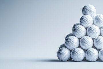 White golf balls arranged in pyramid shape on light background, showcasing their texture and design. This captures clean and minimalistic aesthetic