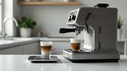 Modern Espresso Machine Brewing Delicious Layered Coffee Drinks in a Bright Kitchen