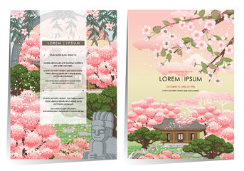 벚꽃이 만개한 정원이 있는 한옥의 풍경. 템플릿 벡터 일러스트레이션 세트				
