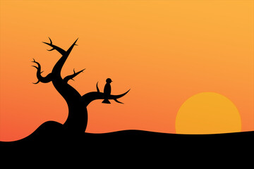 sunset background with a picture of a bird perched on a tree