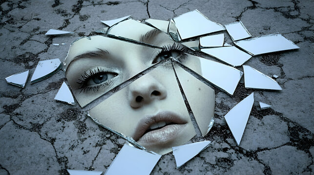 A broken mirror on the ground, with fragments reflecting different parts of a face, symbolizing fractured self-identity and the search for completeness
