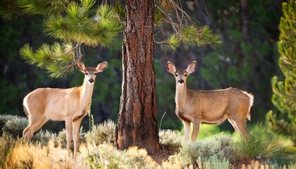Stunning Wild Deer Couple or Family Grazing in a Picturesque PineLined Glade within Yosemite Valley at Dusk, Showcasing a Peaceful Forest Scene