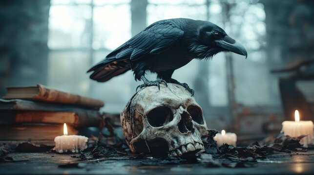 A raven perches on a skull atop a rustic table, surrounded by the soft glow of candles, creating a haunting atmosphere filled with intrigue and a nod to the macabre.