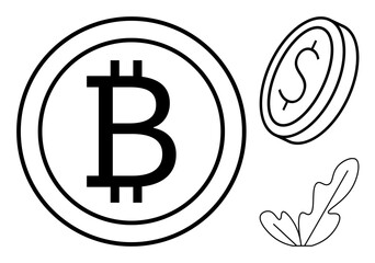 Bitcoin coin, dollar coin, and abstract plant leaf, representing cryptocurrency, finance, savings, investment, economic growth digital currency and wealth accumulation. Ideal for financial