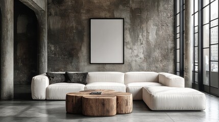 Fototapeta premium Modern Minimalist Living Room with Sleek Furniture and Concrete Walls