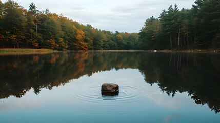 A calm lake with a single stone creating ripples, symbolizing small actions creating larger impacts