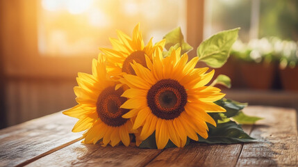 Sunlit Sunflower Bouquet: Two vibrant sunflowers, their faces turned towards a sunlit window, rest on a rustic wooden table.  The warm light casts a golden glow.