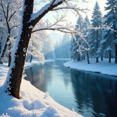 Frosty tree branches in the foreground with a frosted river in the background, forest, snow, landscape