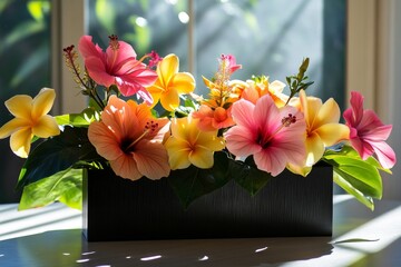 Sunlit Hibiscus Plumeria Arrangement, Indoor Table
