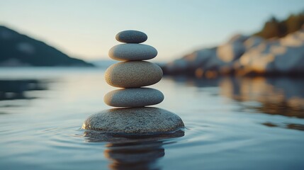Balanced Stones Stacked on Calm Water, Symbolizing Tranquility and Harmony in a Serene Environment
