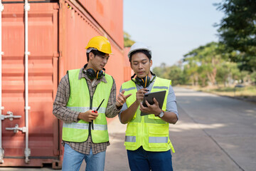 Logistics engineers collaborate on container management shipping yard professional interaction clear day strategic planning