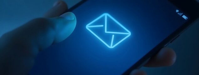 Close-up of hand holding smartphone with glowing email icon on screen