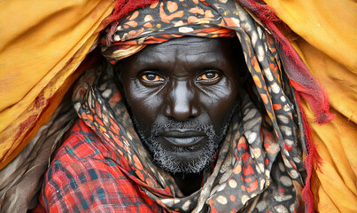 Close-up portrait of a man wearing vibrant patterned fabric, showcasing his weathered face and intense gaze.  A compelling image reflecting cultural identity and resilience.