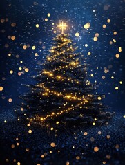 Sparkling christmas tree is shining with gold and silver lights on a dark blue glittery background