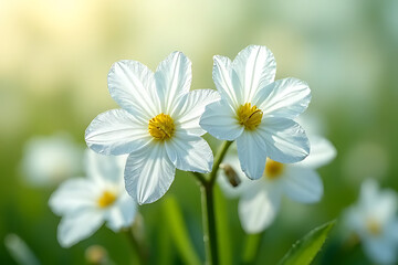 Fototapeta premium Two Delicate White Flowers Blooming in a Lush Green Meadow Close Up Nature Photography