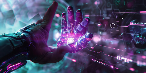 Glowing Purple Energy in Metallic Hand Reaching Digital Interface
