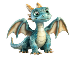 playful baby dragon with oversized wings looks curious and friendly. Its vibrant blue scales and expressive eyes add to its charm, making it enchanting character
