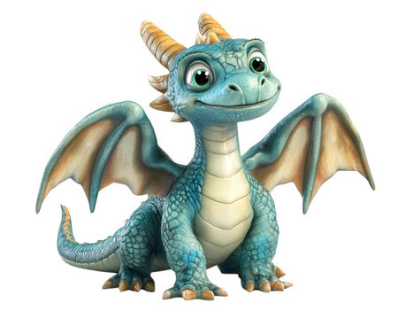 playful baby dragon with oversized wings looks curious and friendly. Its vibrant blue scales and expressive eyes add to its charm, making it enchanting character