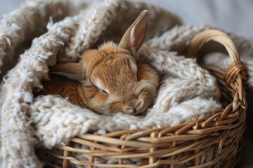 Obraz premium Soft and cozy rabbit resting in a woven basket surrounded by a fluffy blanket during a sunny afternoon in nature