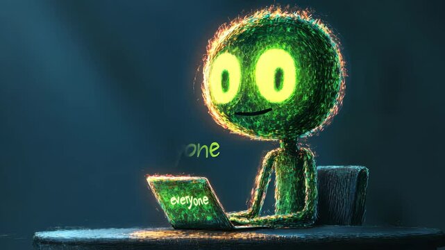 Green fluffy character working at laptop, glowing eyes focused on screen displaying visible text, digital workspace highlighting communication concept