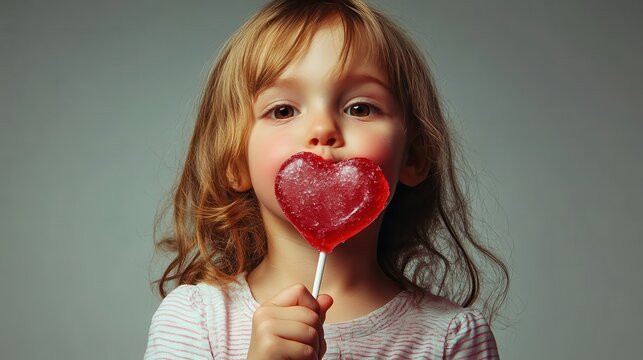 child licking valentines lollipop heart shape vintage illustration isolated on a transparent background, generative ai