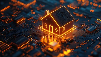 Obraz premium Glowing House Icon on Circuit Board - Innovative Smart Home Technology Concept Depicting Modern Automation and Connectivity in a Digital Age