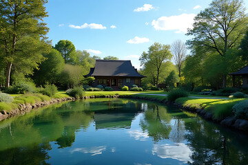Obraz premium Serene Japanese Style House by Pond Lush Green Landscape Tranquil Setting