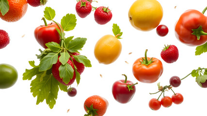 Different fresh fruits and vegetables in air on white background. Generative AI