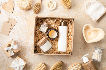 A set of cosmetics for face and body care. The concept of an eco-friendly lifestyle. Top view