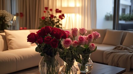 A romantic living room with roses artfully placed in vases, enhancing the decor with soft lighting and a cozy atmosphere.
