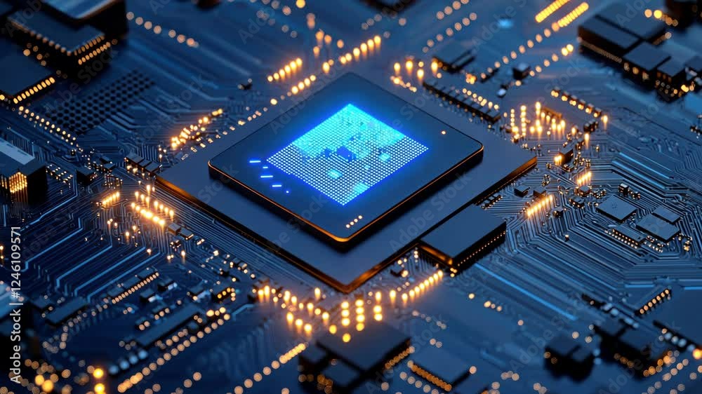 Poster microchip circuit board with dynamic blue light display pulsating energy