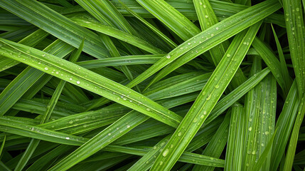 Fototapeta premium Vibrant Green Leaves with Moisture Droplets in Lush Natural Background