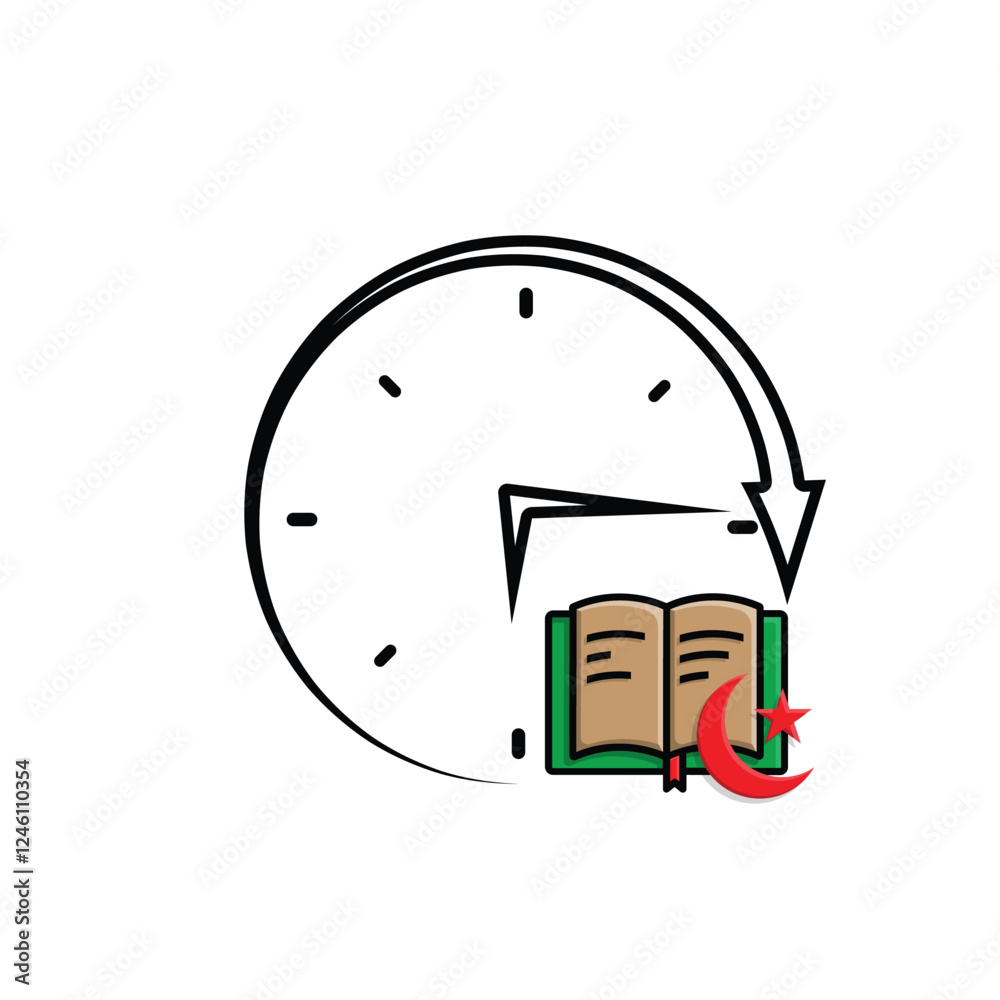 Fototapete Ramadan icon. vector clock with Islamic religious scriptures on a white background. reading the Koran, time to recite the Koran, study. Mixed design style