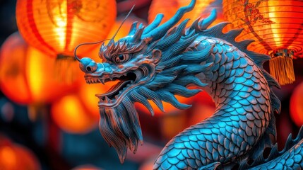 A majestic dragon statue stands proudly amidst a backdrop of vibrant red lanterns, a captivating scene of cultural heritage and artistry.