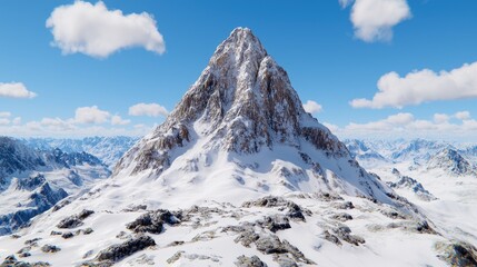 Majestic snow-capped peak, alpine range, winter sky, travel poster