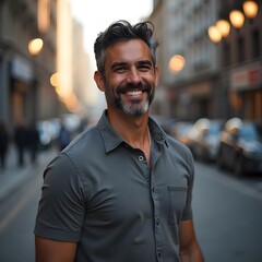 Fototapeta premium Resolute Latino Executive: Evening Glow in Casual Office Style