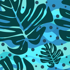 Tropical Monstera Leaves Seamless Pattern, Ocean Blue Jungle Background