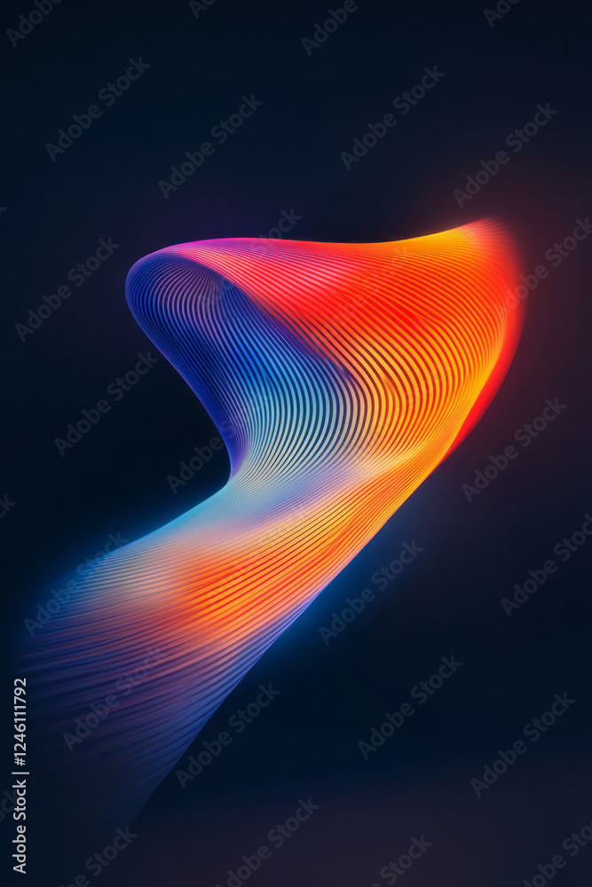 Poster a retro-futuristic animation of a vibrant elliptical form with alternating stripes of red, orange,