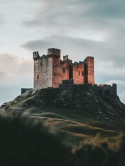 Fototapeta premium Minimalist landscape with ancient castle perched on hilltop against cloudy sky highlighting timeless architecture and serene nature. Generative AI