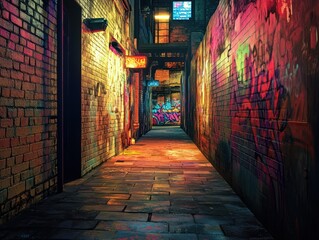 Fototapeta premium Night alleyway graffiti urban city background