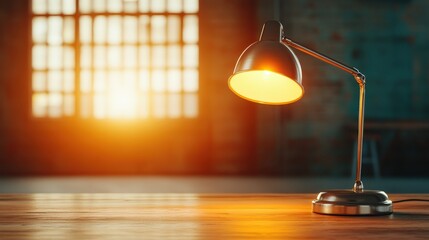 A sleek desk lamp casts a warm glow, enhancing the ambiance of a serene workspace with sunlight streaming through an industrial window in the background.
