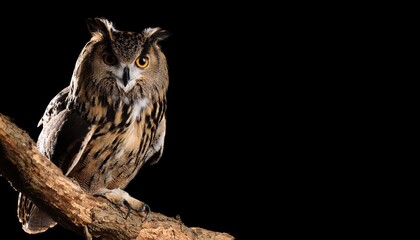Obraz premium Majestic Wild Owl Perched on Dark Wooden Branch Against a Black Backdrop An Enigmatic Nighttime Scene of Natures Mystery and Tranquility