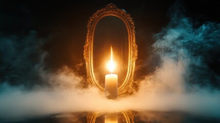 An enchanting image featuring a lit mirror surrounded by fog and candles, provoking thought about reality and self-perception in a dreamy, atmospheric setting.