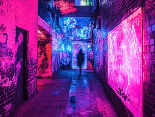 Fototapeta premium Neon alleyway, person walking, graffiti art, night, urban exploration, website banner