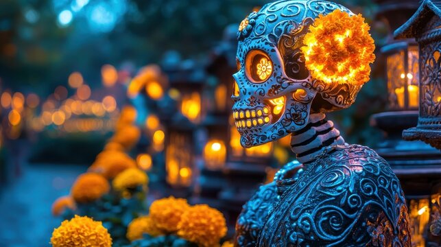 Ornate sugar skull adorned with marigolds, illuminated amidst glowing lanterns. A vibrant Day of the Dead display.