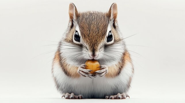 Close-up of a chipmunk holding an acorn on a white background